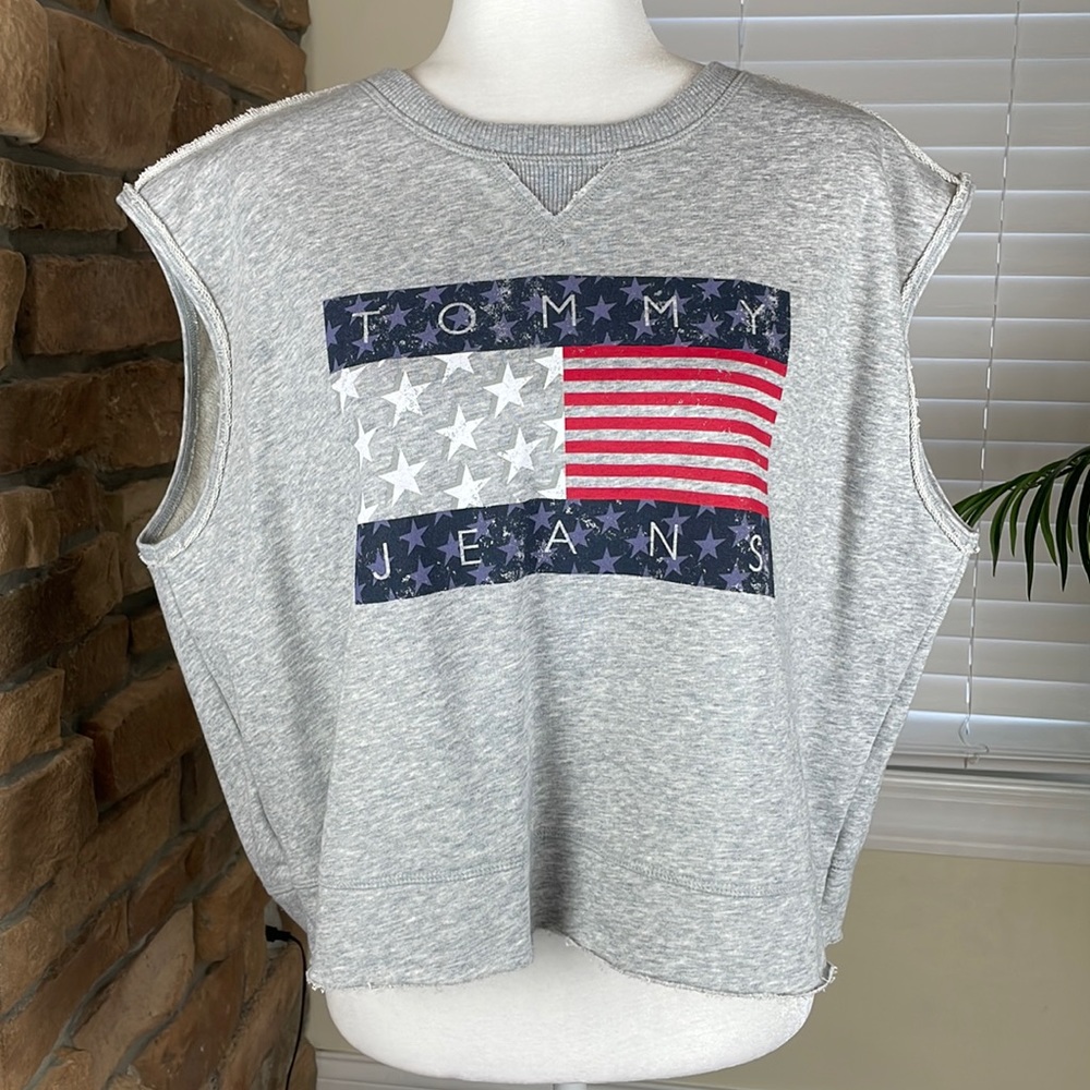 TOMMY HILFIGER ~ Tommy Jeans Juniors Cropped Flag Sweatshirt ~ Stonewash ~ NWT!